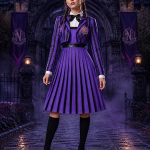 May include: A purple and black striped blazer and matching pleated skirt set featuring a white collared shirt, a black bow tie, and a crest on the chest. The outfit is paired with black knee-high socks and black platform shoes for a complete look.