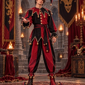 Peut inclure: Un costume de bouffon composé d'une tunique rouge et noire à blocs de couleurs avec des boutons dorés, une ceinture assortie et un pantalon pointu. L'ensemble comprend un chapeau de bouffon à deux pointes avec des grelots et des bottes.