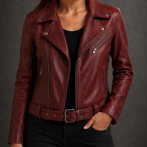 Peut inclure: Une veste de moto rouge foncé dotée d'un col à revers, de fermetures éclair métalliques argentées sur le devant et les poches, ainsi qu'une ceinture assortie avec une boucle en métal à la taille. La veste présente une finition texturée.