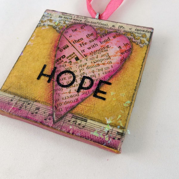 Pink Hope Heart Whimsical Abstract Miniature Art, Inspirational Small Painting, Mixed Media Original Home Decor