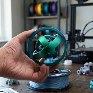 May include: A 3D printed gyroscope featuring concentric rings with a smooth, gradient finish that transitions from deep blue to vibrant green. The object consists of multiple interlocking circular bands that rotate independently within each other.