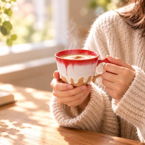 May include: A ceramic mug featuring a vibrant red upper section that transitions into a white drip glaze pattern over a natural tan base. The mug contains a warm beverage with visible steam rising from the top, held by two hands.