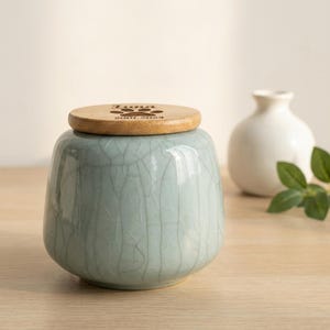 Personalized Ceramic Pet Urn with Engraved Wood Lid, Crackle Glaze Memorial Urn for Dog or Cat Ashes