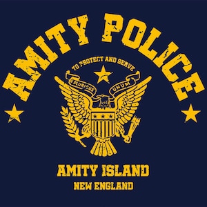 JAWS MOVIE Camiseta Amity Policía Camiseta Hombres Niños Niños Horror Película Camiseta también disponible en sudaderas con cuello redondo y sudadera con capucha SM-5XL