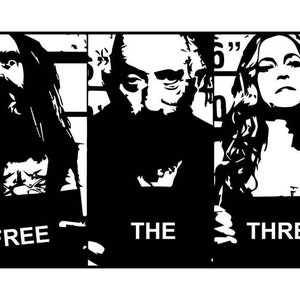 May include: Black and white illustration of three people with the text "FREE THE THREE" at the bottom.