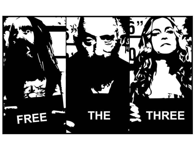 Pu&ograve; includere: Illustrazione in bianco e nero di tre persone con il testo "FREE THE THREE" in basso.