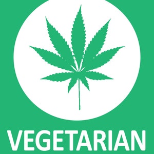 May include: A white circle with a green marijuana leaf inside, on a green background. The text "VEGETARIAN" is below the circle.