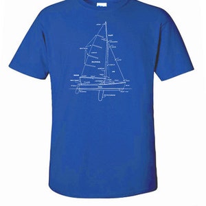 May include: A royal blue t-shirt with a white line drawing of a sailboat with labeled parts. The design is centered on the shirt. "DESIGN PICTURED HERE ON AN ADULT GILDAN TSHIRT" is printed in white at the bottom of the image.