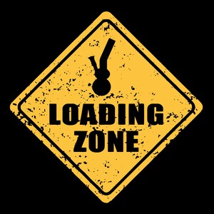 May include: A yellow diamond-shaped sign with a black border and the words "LOADING ZONE" in bold, black letters. A black silhouette of a smoking device is above the text. The sign has a distressed, grunge-like texture, set against a black background.