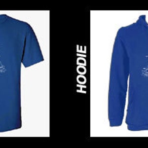May include: A set of four blue shirts with a white graphic design. The shirts are available in crewneck, Gildan t-shirt, hoodie, and American Apparel styles.