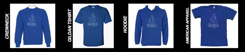 May include: A set of four blue shirts with a white graphic design. The shirts are available in crewneck, Gildan t-shirt, hoodie, and American Apparel styles.
