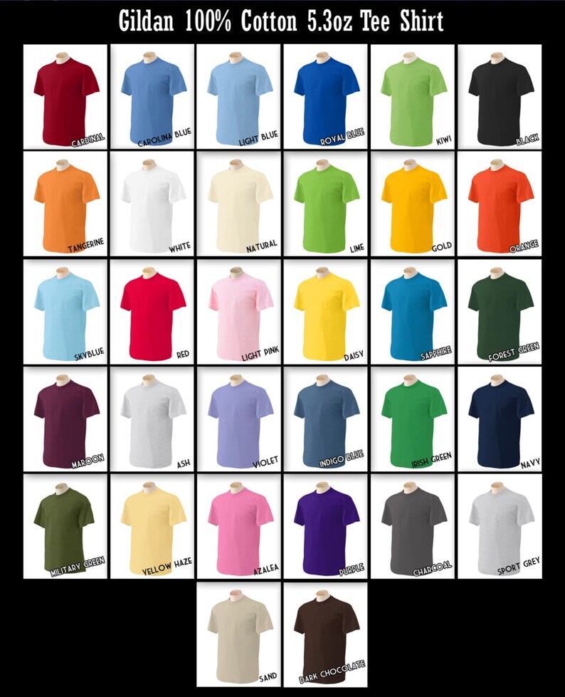 K&ouml;nnte beinhalten: Eine Tabelle mit 24 verschiedenen Farben von Gildan 100% Baumwolle 5.3oz T-Shirts. Die Farben umfassen Kardinal, Carolina Blau, Hellblau, K&ouml;nigsblau, Kiwi, Schwarz, Tangerine, Wei&szlig;, Natur, Limette, Gold, Orange, Himmelblau, Rot, Hellrosa, G&auml;nsebl&uuml;mchen, Saphir, Waldgr&uuml;n, Weinrot, Asche, Violett, Indigo, Irisch Gr&uuml;n, Marine, Milit&auml;rgr&uuml;n, Gelblicher Schleier, Azalee, Lila, Anthrazit, Sportgrau, Sand und Dunkelbraun.