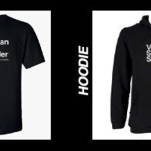 May include: Four black t-shirts with the text "Venkman Stantz Spengler Ghostbusters" in white. The shirts are available in crewneck, Gildan t-shirt, hoodie, and American Apparel styles.