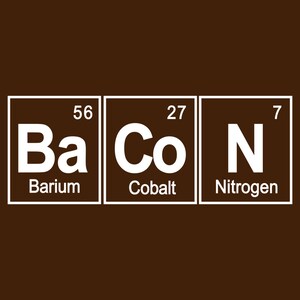 K&ouml;nnte beinhalten: Wei&szlig;er Text auf braunem Hintergrund zeigt die chemischen Symbole und Namen f&uuml;r Barium, Kobalt und Stickstoff, die das Wort "Bacon" buchstabieren.