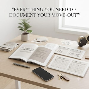 Può includere: Un kit di documentazione per il trasloco con un libretto aperto intitolato Final Move-Out Walk-Through, un blocco note con moduli Final Handover Record e Security Deposit Record, uno smartphone, una penna, un portachiavi ed etichette su una scrivania.