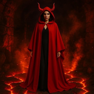 Peut inclure: Une cape rouge à capuche longue jusqu'au sol, ornée de deux cornes de diable rouges proéminentes fixées sur la capuche. La cape est portée par-dessus une robe noire simple, créant un contraste saisissant entre le tissu rouge vif et le vêtement sombre.
