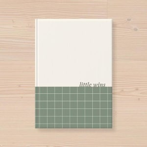 May include: A rectangular notebook with a two-tone cover. The top portion is solid off-white, while the bottom portion features a sage green grid pattern. The text "little wins" is printed in a small, dark grey serif font near the centre line.