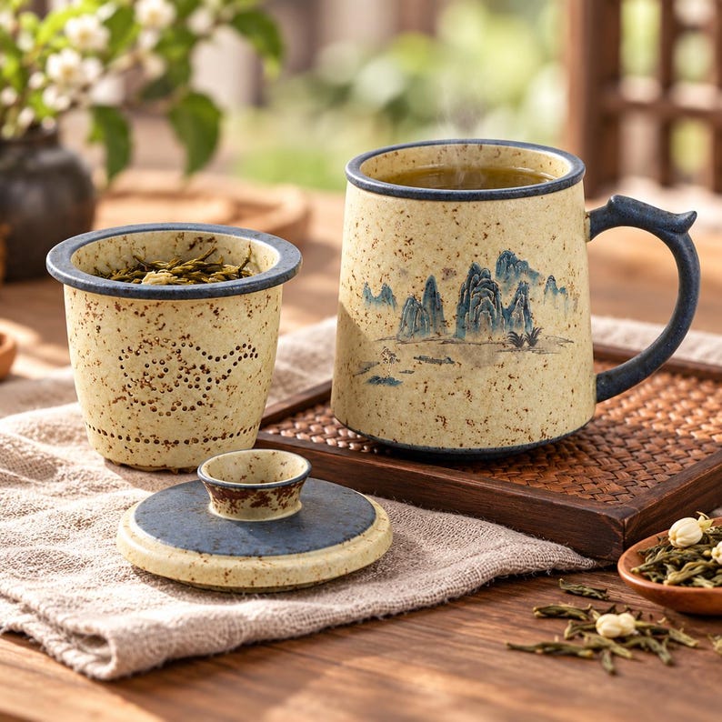 Handmade Ceramic Tea Mug With Lid & Infuser, Rustic Chinese Landscape ...