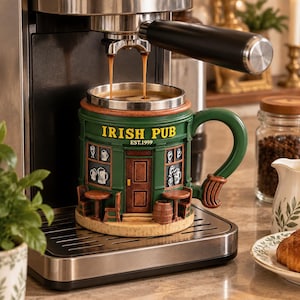 May include: A green ceramic mug shaped like an Irish pub storefront with the text IRISH PUB EST.1999. The mug features a brown door, small tables, chairs, and beer glass graphics, with a stainless steel rim, being filled with coffee from a machine.