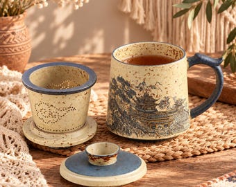 Taza infusora de cerámica con tapa, taza de té con paisaje chino, colador para té de hojas sueltas, taza de oficina personalizada, taza de cerámica rústica