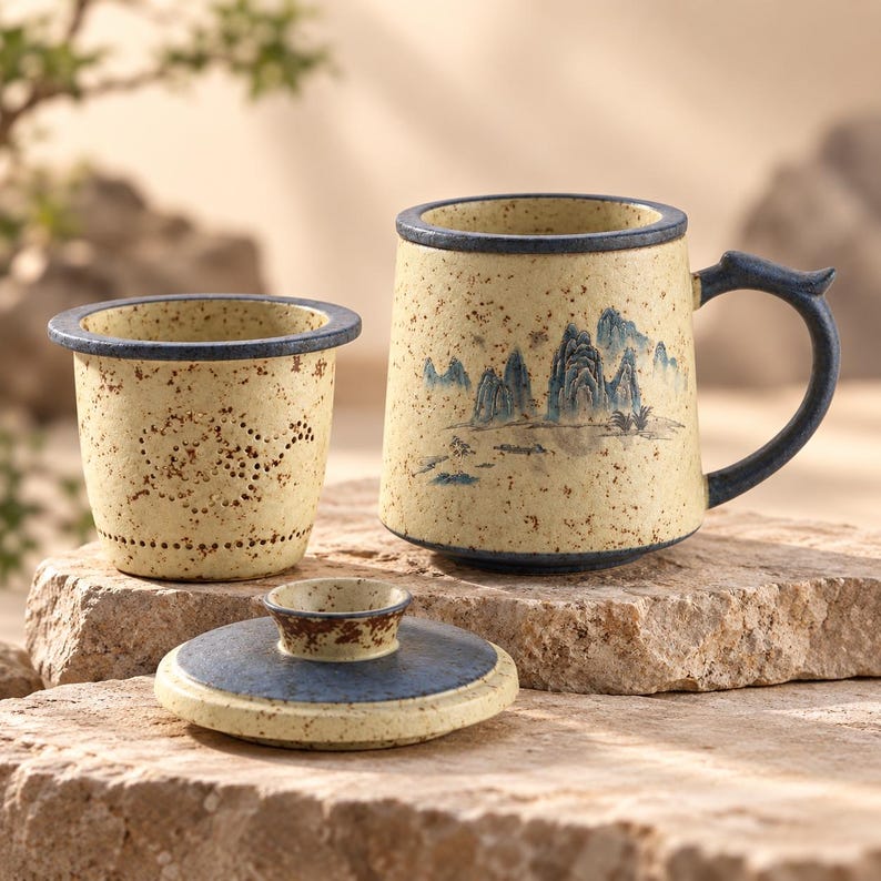 Handmade Ceramic Tea Mug With Lid & Infuser, Rustic Chinese Landscape ...
