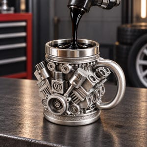 May include: A silver-toned mug featuring a detailed V8 engine block design with visible pistons, cylinders, and a prominent V8 label. The mug has a smooth metallic rim and a sturdy handle, while a dark liquid is being poured into the top opening.