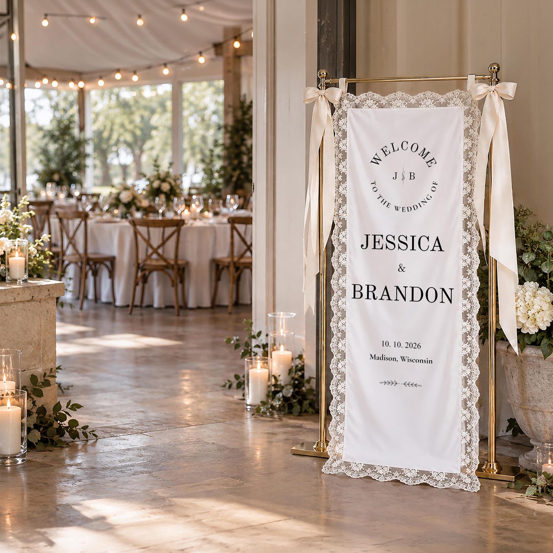 Lace Wedding Welcome Sign, Custom Wedding Door Banner, Personalized Lace Wedding Welcome Sign, Custom Wedding Door Banner, Personalized