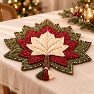 May include: A quilted fabric placemat shaped like a large maple leaf, featuring layered sections in cream, deep red, and dark green. The edges are accented with small gold beads, and the base includes three hanging tassels in green, red, and cream.