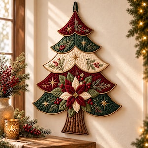 Può includere: Una decorazione da parete trapuntata a forma di albero di Natale, con strati alternati di tessuto rosso scuro, verde scuro e crema. Il design presenta rami di pino ricamati, bacche rosse, dettagli a stella dorati e un fiore di stella di Natale.
