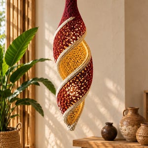 May include: A hanging pendant light fixture featuring a spiraling, open-weave crochet design. The shade displays a deep red exterior that transitions into a bright yellow interior, accented by a thick, cream-colored corded trim winding around.