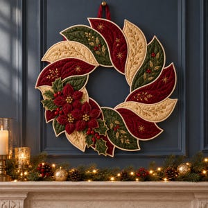 May include: A circular quilted fabric wreath featuring overlapping leaf-shaped segments in deep red, forest green, and cream colors. The design includes embroidered gold star accents, stitched botanical patterns, and three dimensional red poinsettia flowers.