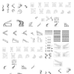 Może przedstawiać: Kompletny zbiór rysunków architektonicznych CAD przedstawiających różne projekty schodów, w tym konfiguracje proste, spiralne i zakrzywione, wyświetlane jako czarna grafika liniowa na białym tle.