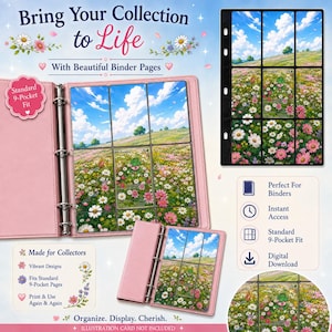 May include: A light pink three-ring binder containing clear nine-pocket plastic sheets filled with floral landscape cards. The text reads Bring Your Collection to Life, Standard 9-Pocket Fit, Made for Collectors, and Organize. Display. Cherish.