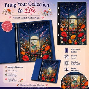 May include: A blue three-ring binder containing nine-pocket pages with a floral night sky illustration. The pages feature a full moon, starry clouds, and red and orange poppies. Text includes Bring Your Collection to Life, Standard 9-Pocket Fit, and Made for Collectors.