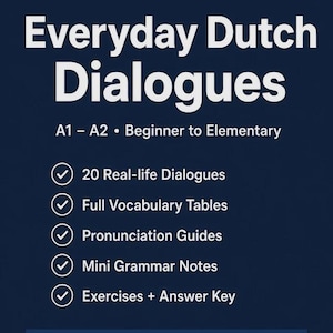 Peut inclure: Une couverture de livre éducatif bleu foncé intitulée DutchLand Everyday Dutch Dialogues A1-A2 Beginner to Elementary. Elle liste des caractéristiques dont 20 dialogues réels, des tableaux de vocabulaire, des guides de prononciation et des exercices.