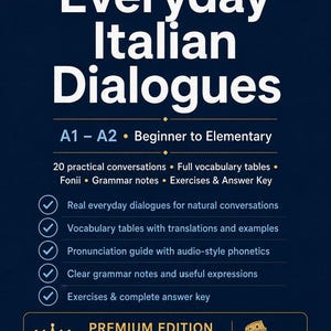 Puede incluir: Una portada de libro educativo azul oscuro titulada ItalianLand Everyday Italian Dialogues A1-A2 Beginner to Elementary. Enumera características que incluyen 20 conversaciones prácticas, tablas de vocabulario, notas gramaticales y ejercicios.