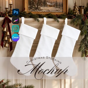 May include: Three plain white Christmas stockings with folded cuffs, hanging in a row. The stockings feature a smooth, solid white fabric construction with a simple loop at the top for hanging. The text "CHRISTMAS STOCKING Mockup" is overlaid.