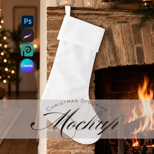 May include: A plain white Christmas stocking with a folded cuff and a hanging loop. The image features overlay text that reads CHRISTMAS STOCKING Mockup, along with small circular icons for Photoshop, Procreate, and Canva software programs.