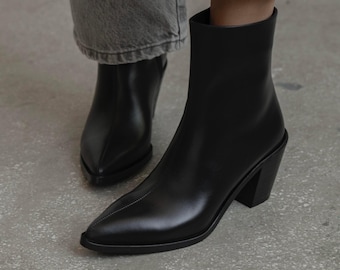 Black Leather Heeled Ankle Boots, Pointed Toe High Block Heel Boots, Side Zipper Boot