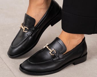 Black Leather Penny Loafers, Low Heel Gold Buckle Slip On Office Shoes, Women's Flats