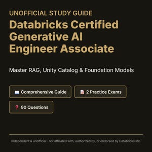 Pode incluir: Um guia de estudo não oficial para o exame Databricks Certified Generative AI Engineer Associate. O texto inclui Master RAG, Unity Catalog & Foundation Models, um guia completo, 2 exames práticos e 90 questões em um fundo preto.