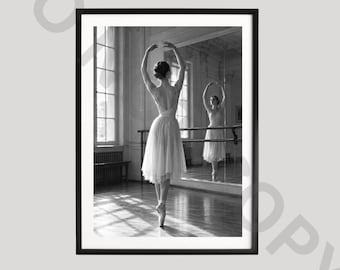 Póster de estudio de ballet, arte de bailarina en blanco y negro, lámina de danza vintage, elegante fotografía de ballet, obra de arte clásica para decoración de espejos