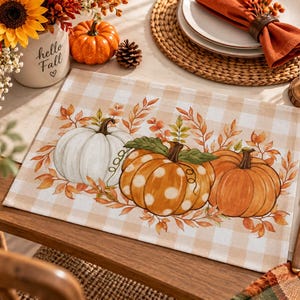 Höstpumpa-bordsunderlägg, Buffalo Rutig Thanksgiving-bordsdekoration, avtorkbar lantlig matunderlägg