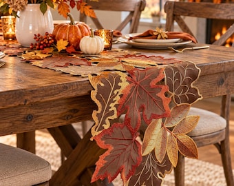 Embroidered Autumn Maple Leaf Table Runner, Rustic Farmhouse Fall Decor