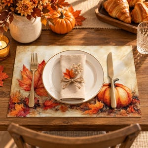 May include: A rectangular placemat featuring a watercolor-style autumn print with orange maple leaves and a pumpkin. A white ceramic plate sits in the center, topped with a beige linen napkin tied with twine and a small decorative leaf sprig.