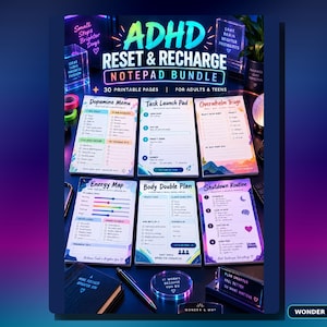 Puede incluir: Un paquete de blocs de notas titulado ADHD RESET & RECHARGE con 30 páginas imprimibles para adultos y adolescentes. El conjunto incluye seis hojas distintas: Dopamine Menu, Task Launch Pad, Overwhelm Triage, Energy Map, Body Double Plan y Shutdown Routine.