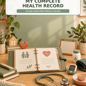 May include: A sage green binder titled MY COMPLETE HEALTH RECORD 60-PAGE LARGE-PRINT MEDICAL TRACKER. The open binder displays pages with icons of a family, a heart with an EKG line, and leaves. A stethoscope, blood pressure monitor, and pill bottle sit nearby.