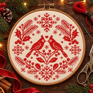 Christmas Cardinal Cross Stitch Pattern, Scandinavian Folk Art Birds, PDF Download