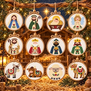 Korsstygnsmönster för Jesu födelse, 12 mini-juldekorationer, digital nedladdning