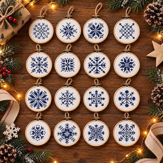 Mini Snowflake Cross Stitch Bundle, 16 Christmas Ornament Motifs (Digital Download)